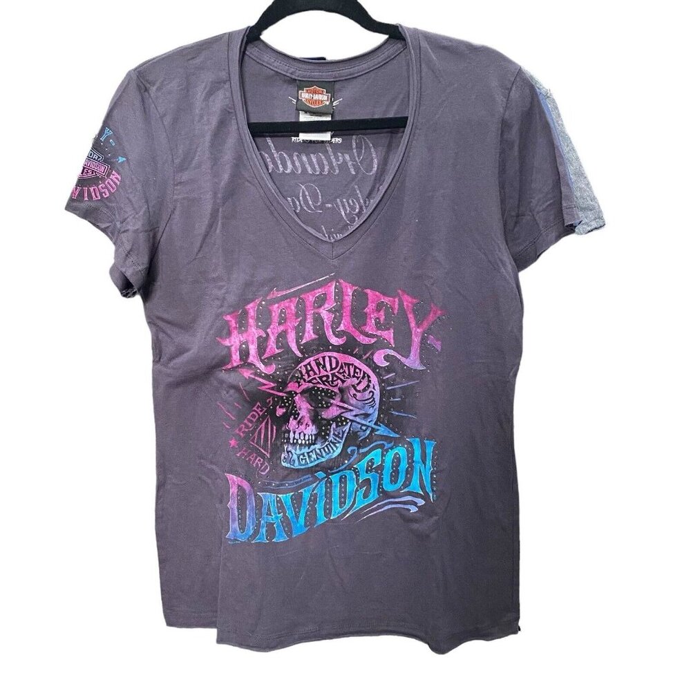 Harley Davidson Orlando Women's T-Shirt Size L Short Sleeve V-Neck Rhinestone - Picture 1 of 9